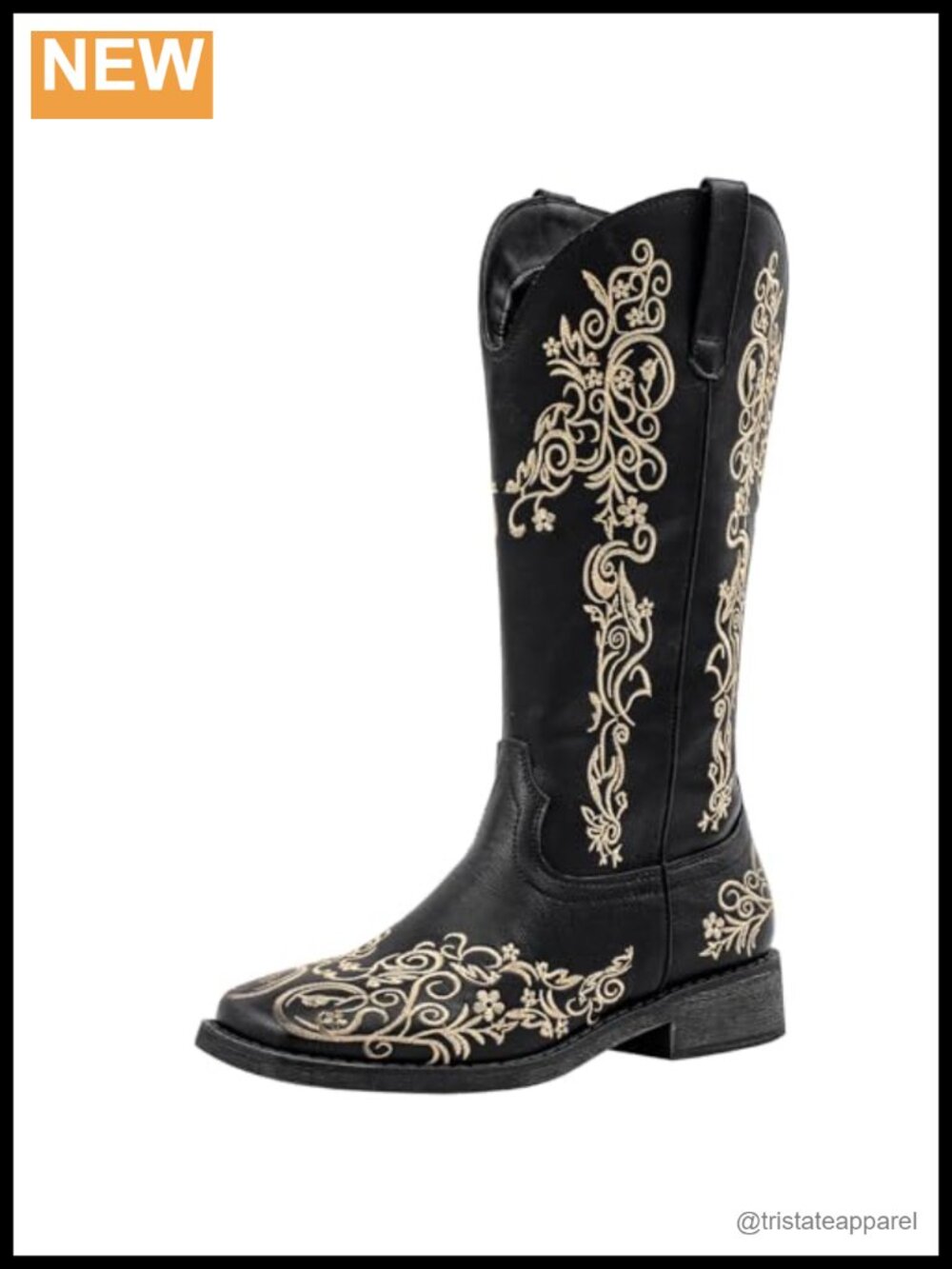 Women's Square Toe Cowboy Boots Floral Embroidered Wide Calf Faux Leather